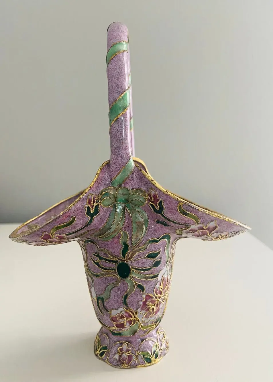 Vintage Chinese Cloisonne Lavender Purple Basket Vase Brass Floral Enamel, 6.25